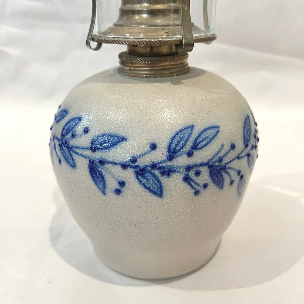 Salmon Falls Stoneware Kerosene Oil Lamp & Chimney‎ Blueberry Vine Signed 1999